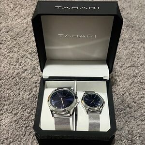 Tahari His & Her Watch Set with Silver Band and Blue Dial
